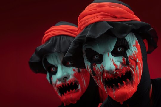 Two creepy clown figures with red and black makeup and glowing eyes in horror costumes on dark red background.