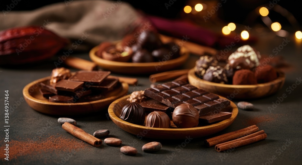 Poster assorted chocolate on wooden plates with cocoa beans and cinnamon sticks