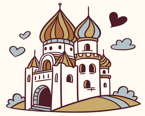 Fototapeta premium Heart-shaped castle illustration with clouds and love symbols 
