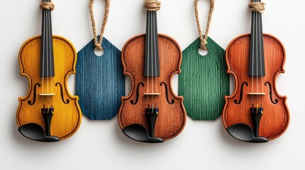 Naklejka premium Colorful Violins with Wooden Tags Isolated on a Light Background for Musical Theme and Art
