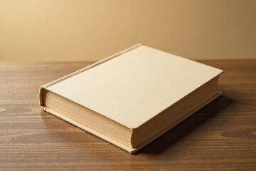Fototapeta premium Textured hardcover book mockup on a wooden table, natural beige color background, texture, book cover