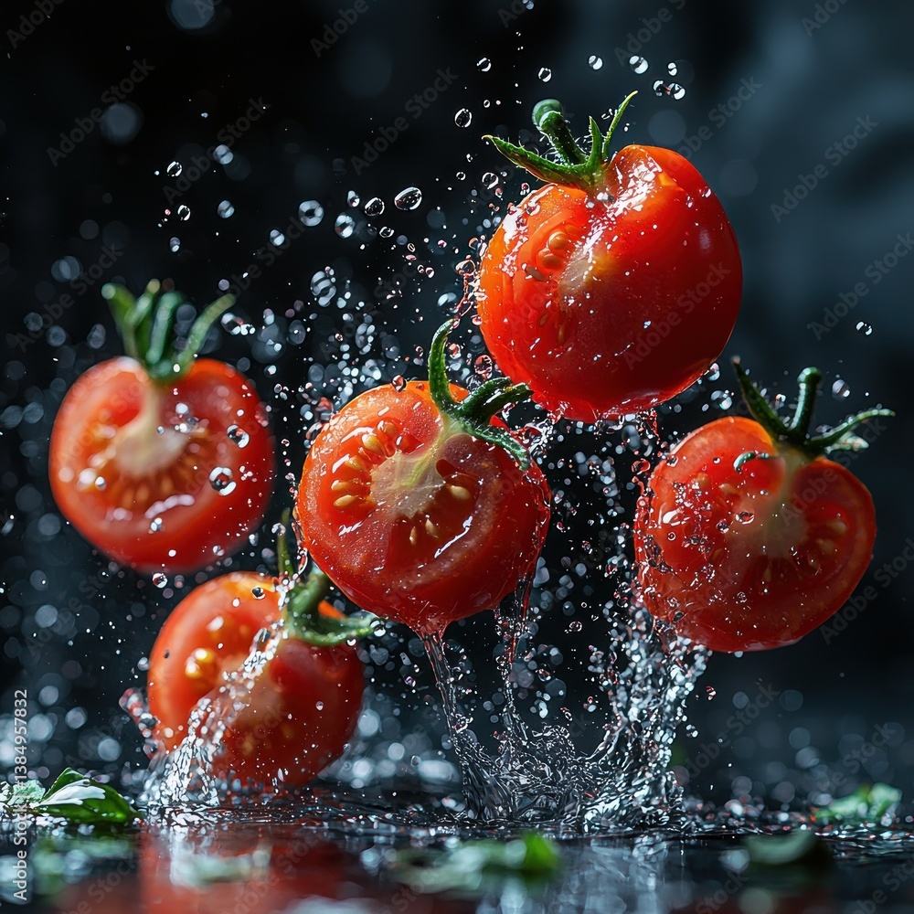 Aufkleber fresh tomatoes in dynamic water splash against dark background creating vibrant image