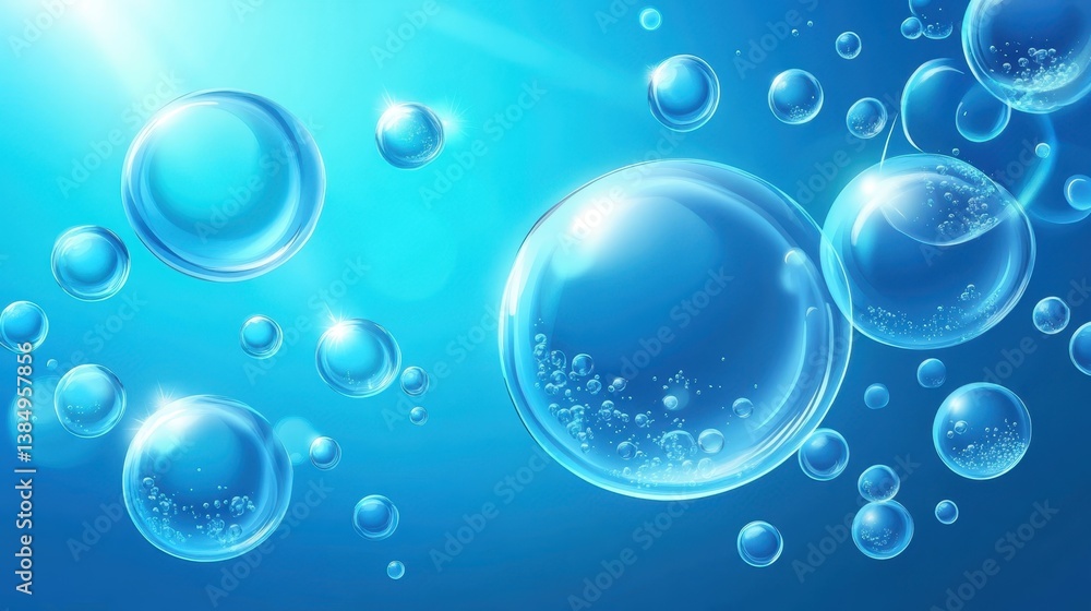 Poster translucent soap bubbles floating, varying in size, drifting against bright blue backdrop with lumin