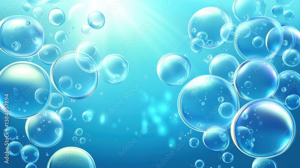 Aufkleber translucent soap bubbles varying in size drifting across soft blue backdrop, backlit by bright rays 