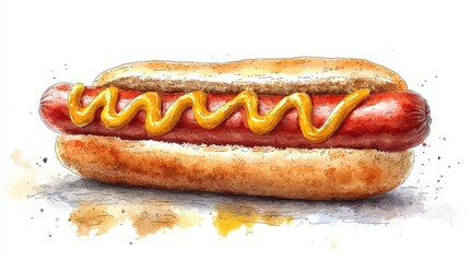 Vibrant Illustration of a Classic Hot Dog with Mustard on a Fresh Bun