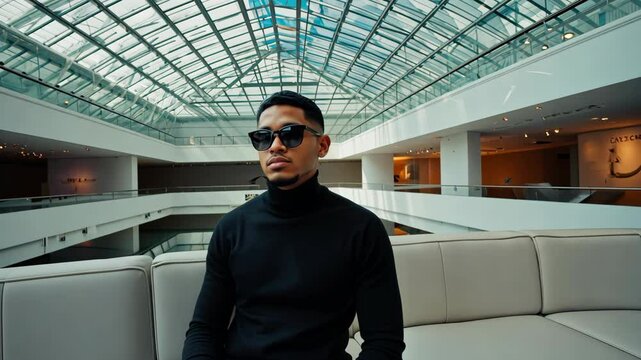 Stylish man relaxes indoors at a modern art gallery during a sunny afternoon with natural light streaming through glass ceilings