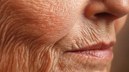 Obraz premium Senior adult facial skin showing deep wrinkles around mouth and nose, marking natural aging process with reduced elasticity and changing texture