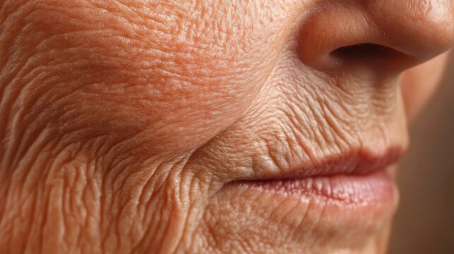 Senior adult facial skin showing deep wrinkles around mouth and nose, marking natural aging process with reduced elasticity and changing texture