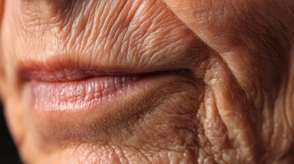 Weathered skin revealing deep mouth wrinkles, highlighting facial lines etching decades of life experiences and quiet resilience of an aging woman