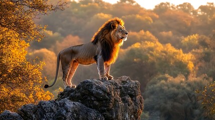 A majestic male lion standing atop a rocky cliff at dawn, golden sunlight illuminating its mane, soft mist in the background, wide-angle shot emphasizing power and isolation