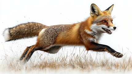 Obraz premium Agile Red Fox in Motion Across a Snowy Meadow with Dynamic Fur Detail and Intense Expression