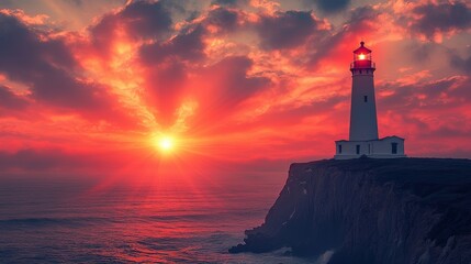 Majestic Lighthouse Against Vibrant Sunset Over Calm Ocean Waters With Dramatic Cloudscape