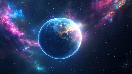 Stunning View of Earth Surrounded by Colorful Cosmic Nebula and Bright Starry Background in the Vastness of Outer Space