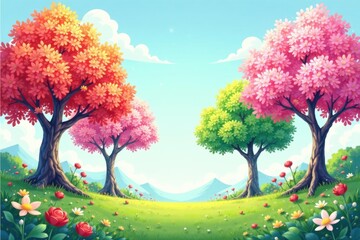 Whimsical illustration of blooming trees in different seasons , Seasons, Winter