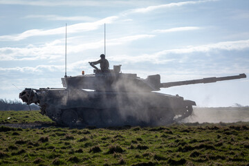 Challenger 2 tank or FV4034 main battle tank on exercise on Sailsbury plain, Image shows the tank...