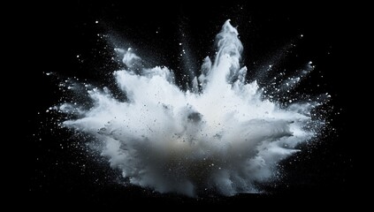 Powder explosion.  A dramatic,  powerful,  white powder explosion against a black background.  Particles disperse outwards in a beautiful, symmetrical, radiating pattern