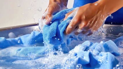 Soapy hands carefully washing blue clothing in basin, revealing manual fabric cleaning process and meticulous garment maintenance technique