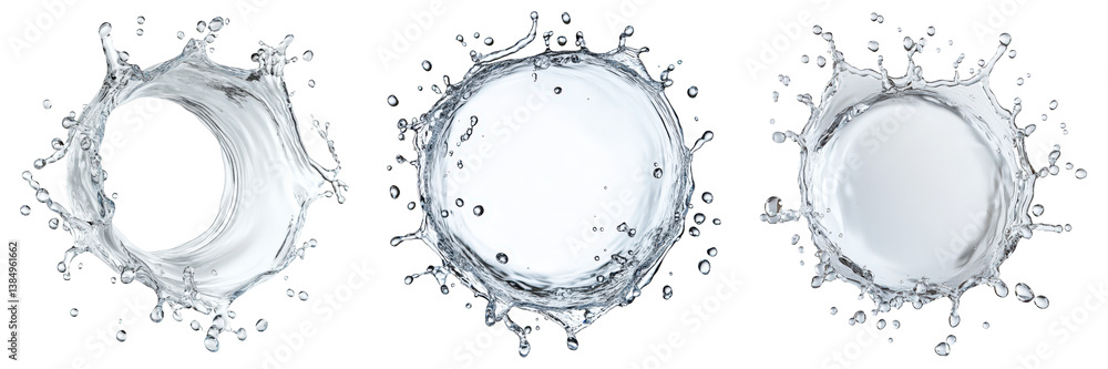 Poster triptych of dynamic water splashes forming circular frames.