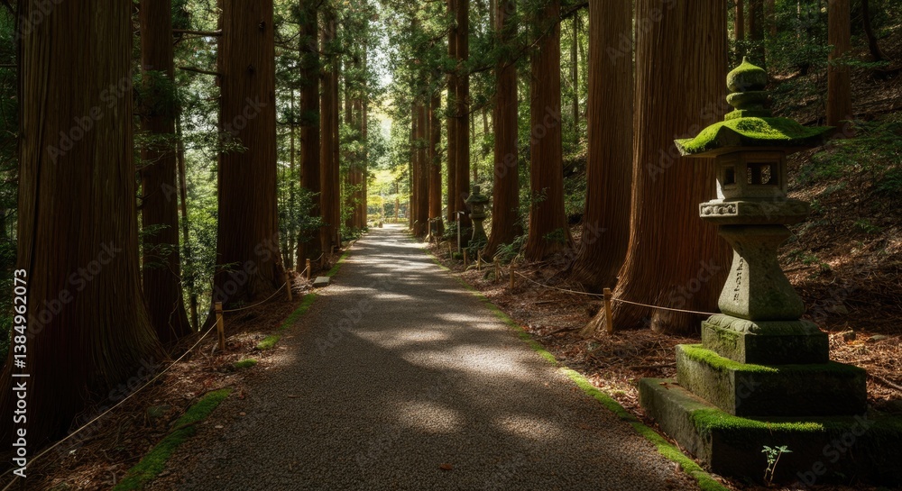 Poster serene forest path with stone lanterns and tall trees