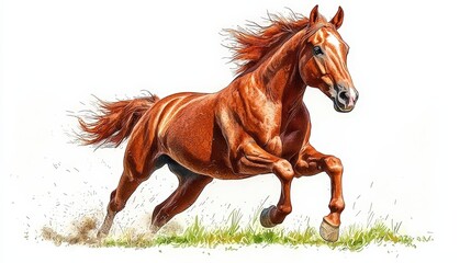 Fototapeta premium Majestic Chestnut Horse Galloping Gracefully Through Lush Green Grass Field in Bright Sunlight