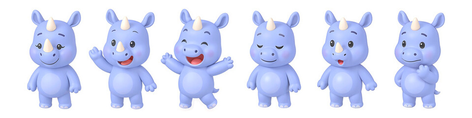 Cute Rhinos: Six adorable rhino figures, showcasing a range of expressive poses from joy to contemplation. Perfect for children's themes and playful designs.