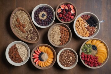 Variety of Healthy Breakfast Bowls with Fruits Nuts and Granola Overhead