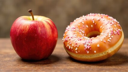 Red apple and pink donut with sprinkles on white background. Contrast of healthy and unhealthy food, choice between fruit and sweet. Concept of diet, healthy lifestyle, cooking and eating habits.
