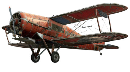 Vintage Biplane in Flight: A weathered vintage biplane, its red and rusty exterior hinting at a past era of flight, stands out against a neutral background, capturing the essence of aviation history.
