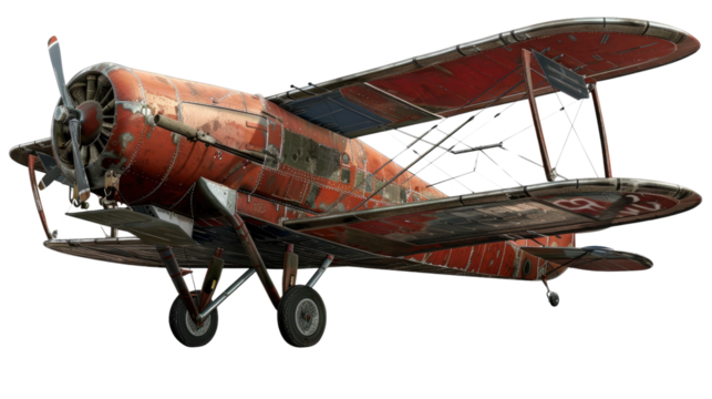Vintage Biplane in Flight: A weathered vintage biplane, its red and rusty exterior hinting at a past era of flight, stands out against a neutral background, capturing the essence of aviation history.