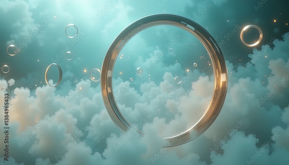 Poster abstract rings float above clouds creating an ethereal dreamlike vision