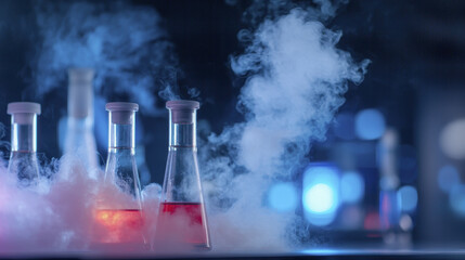 Laboratory glassware with colorful liquids and smoke creates mysterious atmosphere, perfect for...