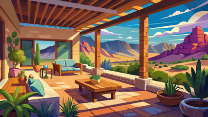 Fototapeta premium Southwestern home patio with a view of the desert and mountains
