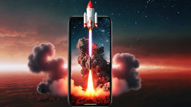 Digital mobile interface showcasing rocket ship launch with blazing flames and smoke trails