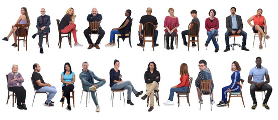 large group of people sitting in different ways on white background..
