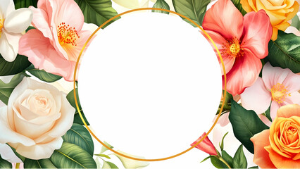 A floral border design featuring various colorful flowers and a blank central area.