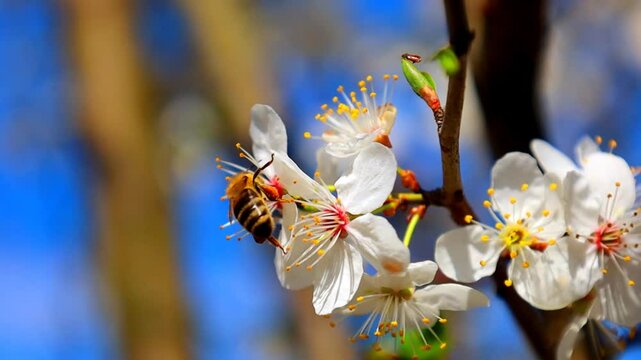 Close-up of a bee diligently collecting nectar from numerous small white blossoms of a fruit tree. Her fuzzy body, barely trembling wings, and long proboscis, used to extract the sweet nectar, are cle