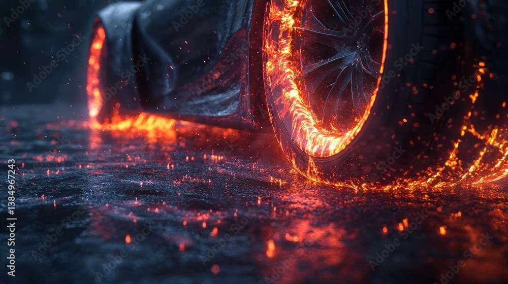Poster conceptual rendering of a futuristic vehicle with luminous wheel detailing