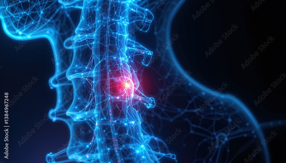Poster futuristic rendering of a spinal cord with highlighted nervous system