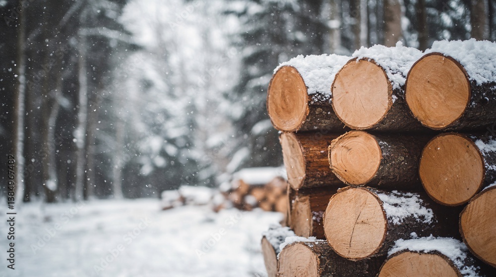 Poster stack of logs covered with snow lying in the forest