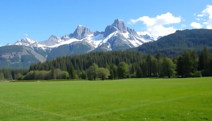 Majestic Mountain Peaks Overlooking Verdant Valley and Dense Evergreen Forest Landscape.