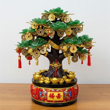 A luxurious Chinese money tree sculpture with jade leaves, golden coins, and red tassels on a white background, radiating wealth and Eastern elegance.