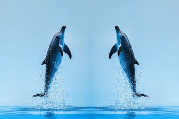 Obraz premium Symmetrical Composition of Two Dolphins Leaping Out of Water Against Blue Background in High-Definition Photography