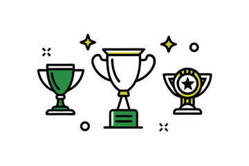 Colorful Trophy Icon Set – Flat Vector Illustration of Award Cups and Medals for Achievement, Success, Competition, and Sports Recognition on White Background .