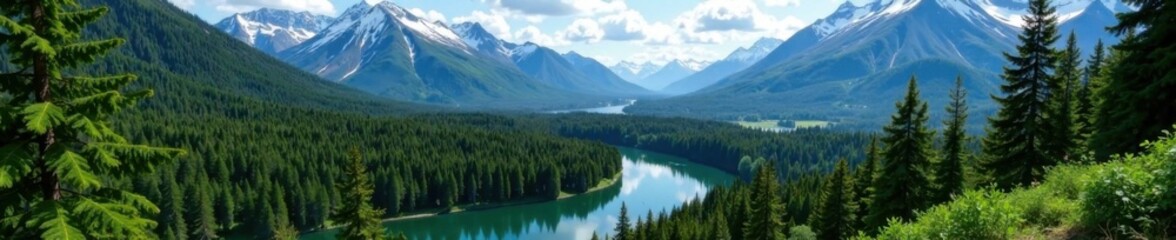 Dense forest landscape with winding rivers and snow-capped mountains in North America, map, land