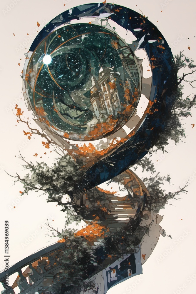 Poster intricate sphere structure entwined with foliage, blending nature and design