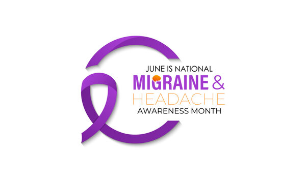 Vector illustration on the theme of National Migraine and headache awareness month in June. Symptoms can include severe throbbing pain, nausea, light sound sensitivity, and aura. Banner and background