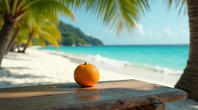 Tropical beach paradise scene featuring a vibrant orange resting on a weathered wooden bench