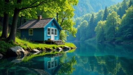 Fototapeta premium Serene Lakeside Cottage Nestled Amongst Lush Greenery and Reflecting in Calm Waters