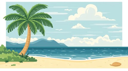 Idyllic tropical beach scene with palm trees, ocean waves, and distant mountains under blue sky