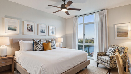 Fototapeta premium Bright bedroom with modern decor overlooking serene waterfront, relaxation